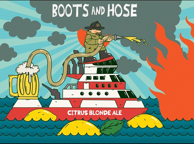 CANNED TO GO: Boots and Hose has been on tap since Sept. 28, and by early November the beer will be available in cans at both Humdinger Brewing locations. Huntington Beach-based artist James Carey illustrated the can design.