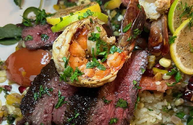 ANOTHER SHRIMP ON THE BARBIE: Among the various options available to clients of Don Carr’s multi-course dinner experiences, one of the chef’s personal favorite steak cuts is the zabuton, also known as a Denver cut.