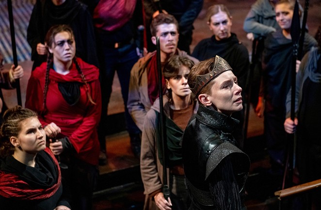 WITH GREAT POWER: King Henry V (Emily Trask) leads the English army into a war with France, in the Pacific Conservatory Theatre’s new take on William Shakespeare’s Henry V, currently onstage at the Marian Theatre in Santa Maria.