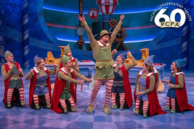 TALL TALE: George Walker (center) plays Buddy, a human raised as an elf in Santa’s workshop at the North Pole, in the Pacific Conservatory Theatre’s new production of Elf: The Musical.