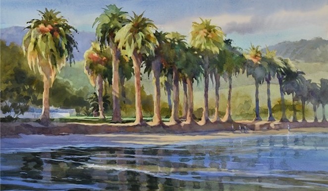 READING THE PALMS: Prolific watercolor and oil painter Karen McLean-McGaw based her piece Refugio Palm Reflections on a line of palm trees at Refugio State Beach, one of her favorite Central Coast destinations.