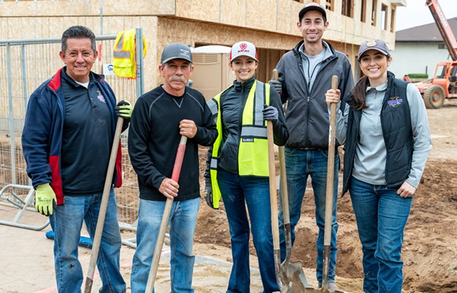 BACK IN THE INDUSTRY: (From left to right) Relatives and Righetti High School teachers Miguel Guerra, Guillermo Guerra, Alexandrea Guerra, Michael Guerra, and Amy Guerra work at a construction site in Solvang as part of their externship program with the Santa Barbara County Education Office.