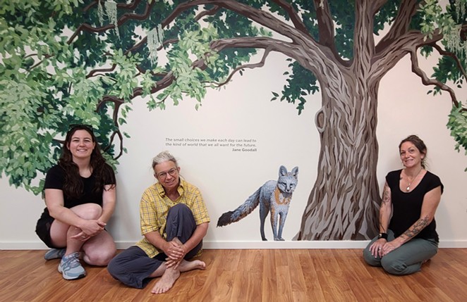 THE GIVING TRIO: Santa Ynez Valley-based artists Carolyn Dorwin (pictured, left), Rebecca August (center), and Stacey Thompson (right) volunteered their free time to complete a new oak tree mural at the Wildling Museum of Art and Nature in downtown Solvang.